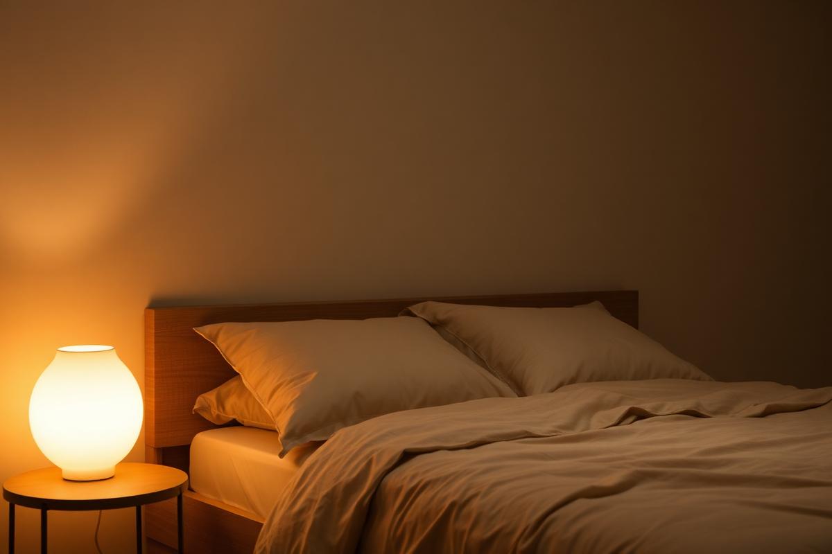 Quarto aconchegante à noite com luminária de luz âmbar acesa