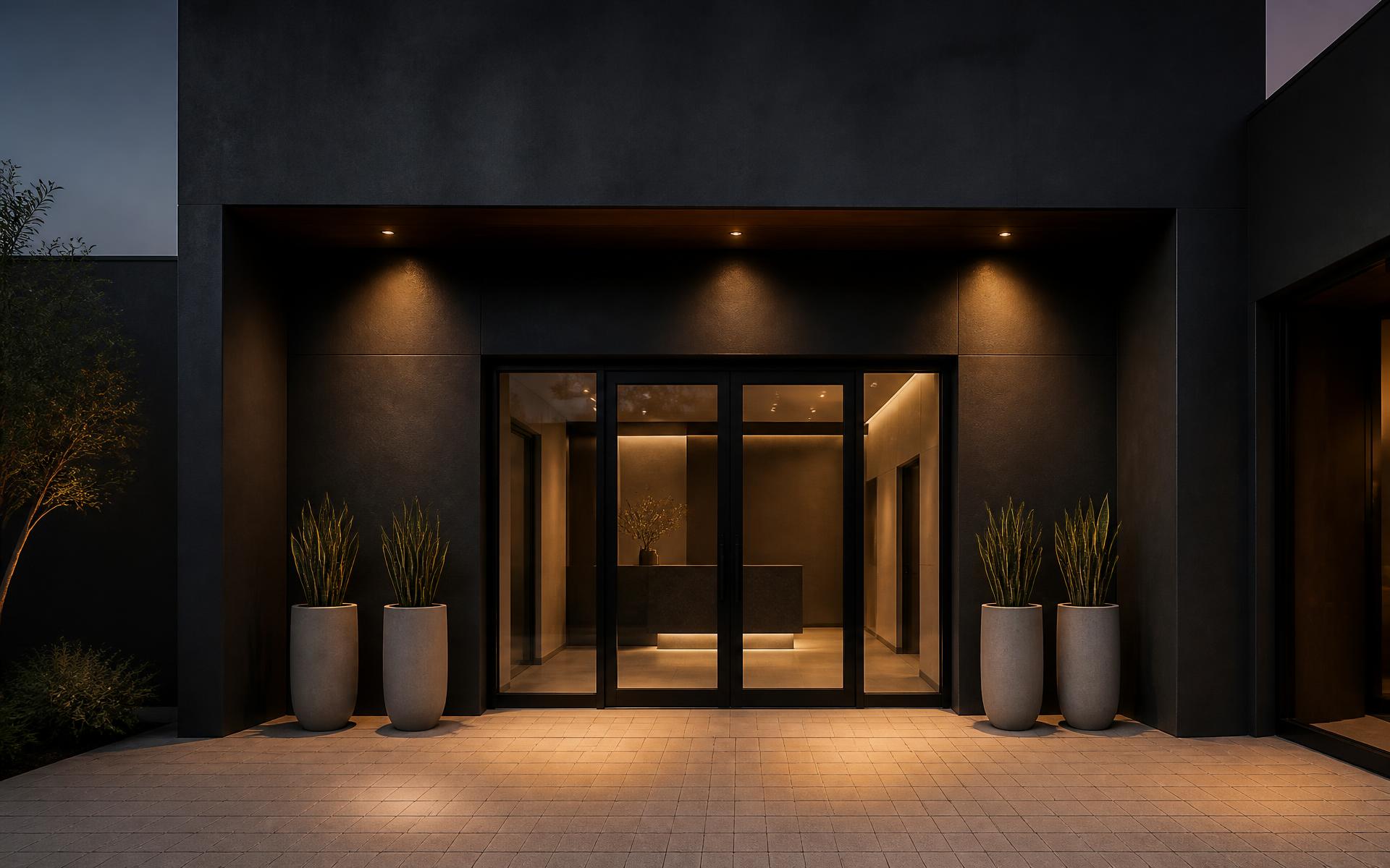 Fachada da Clínica Sammah em grafite escuro com iluminação âmbar e plantas