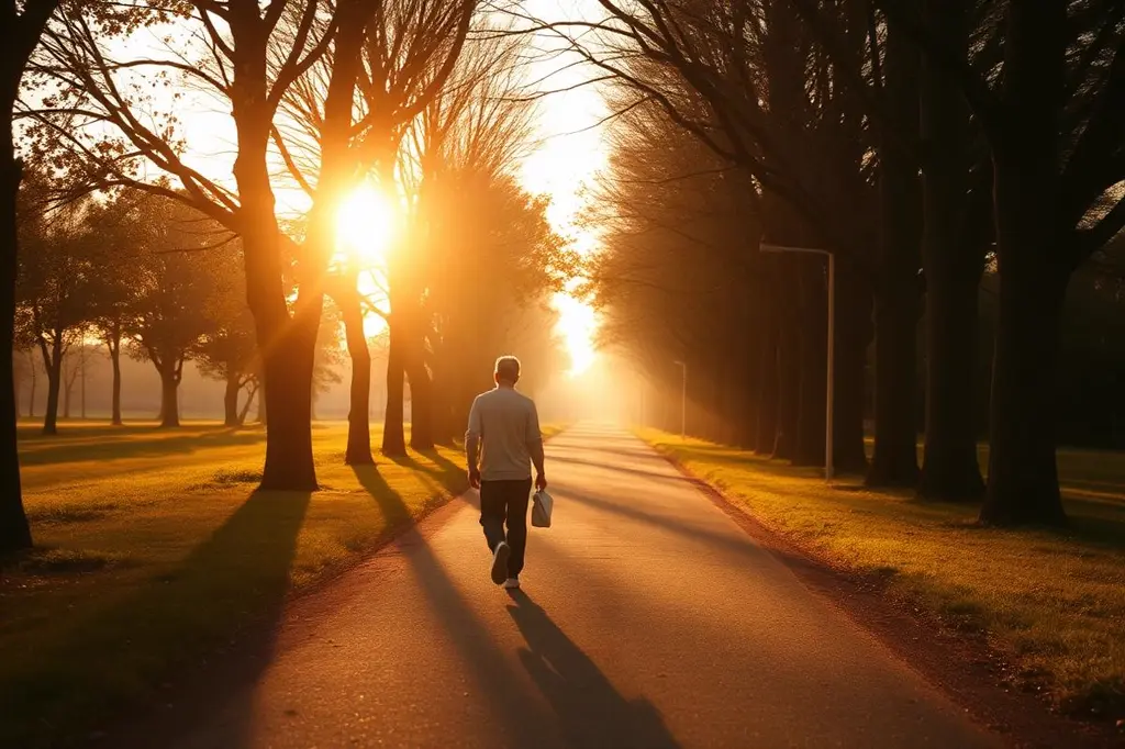 Pessoa caminhando em alameda arborizada durante o pôr do sol